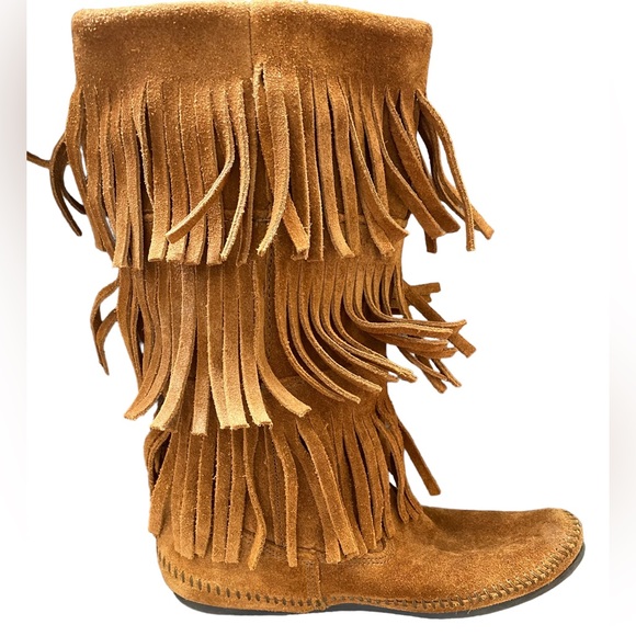 Minnetonka brown suede fringe three row tassel boot moccasin - Picture 2 of 15